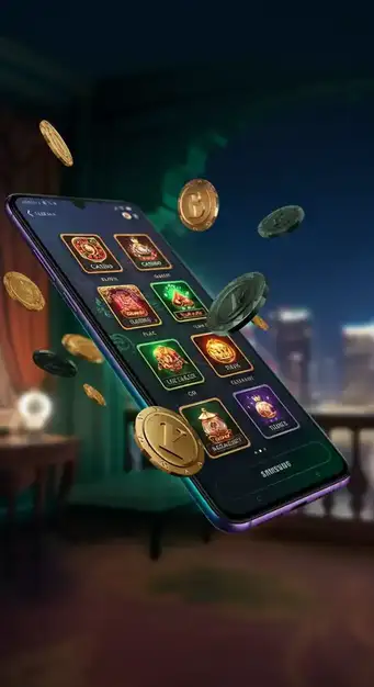 Joueur explorant la diversité des jeux de Lucky8 Casino sur une tablette, avec des icônes de machines à sous, roulette et blackjack en arrière-plan, symbolisant l'expérience de jeu complète.